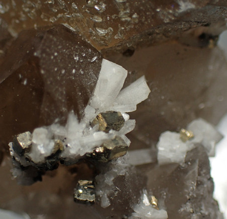 White bertrandite and tiny pyrite cubes on smoky quartz